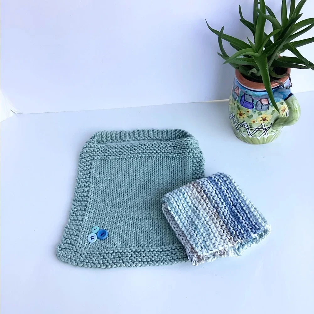 Baby Bib Set Washcloth Hand Crafted Green Cotton Knit Floral